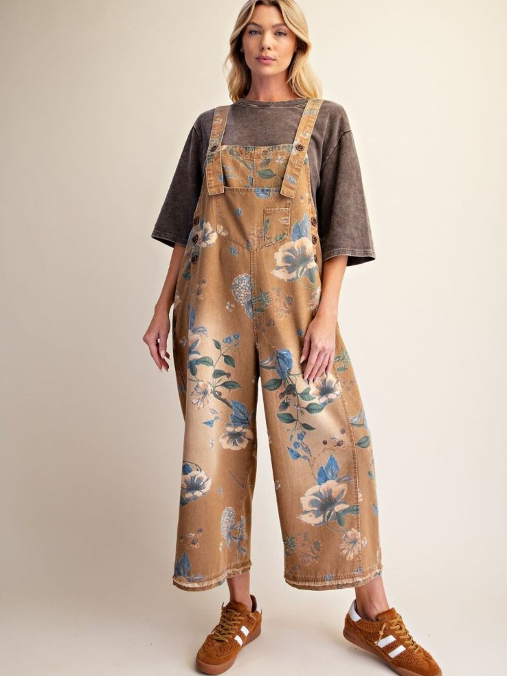 EASEL EASEL FLOWER PRINTED WASHED DENIM OVERALLS 68%COTTON 32%POLYESTER